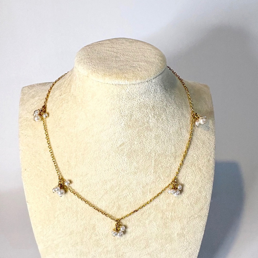 Gold Tone Faux Pearl Cluster Station Necklace Dainty Chain 16 Inch